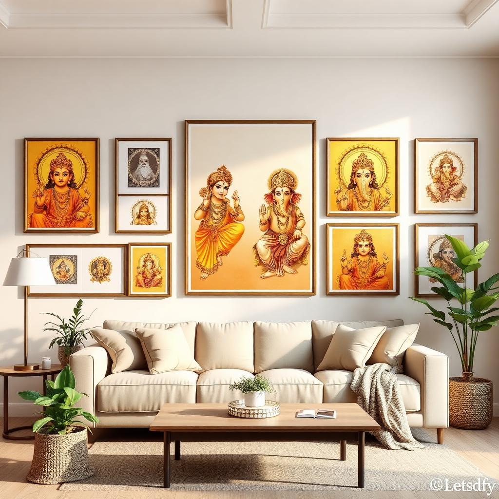 Devotional art gallery wall in a warm modern living room