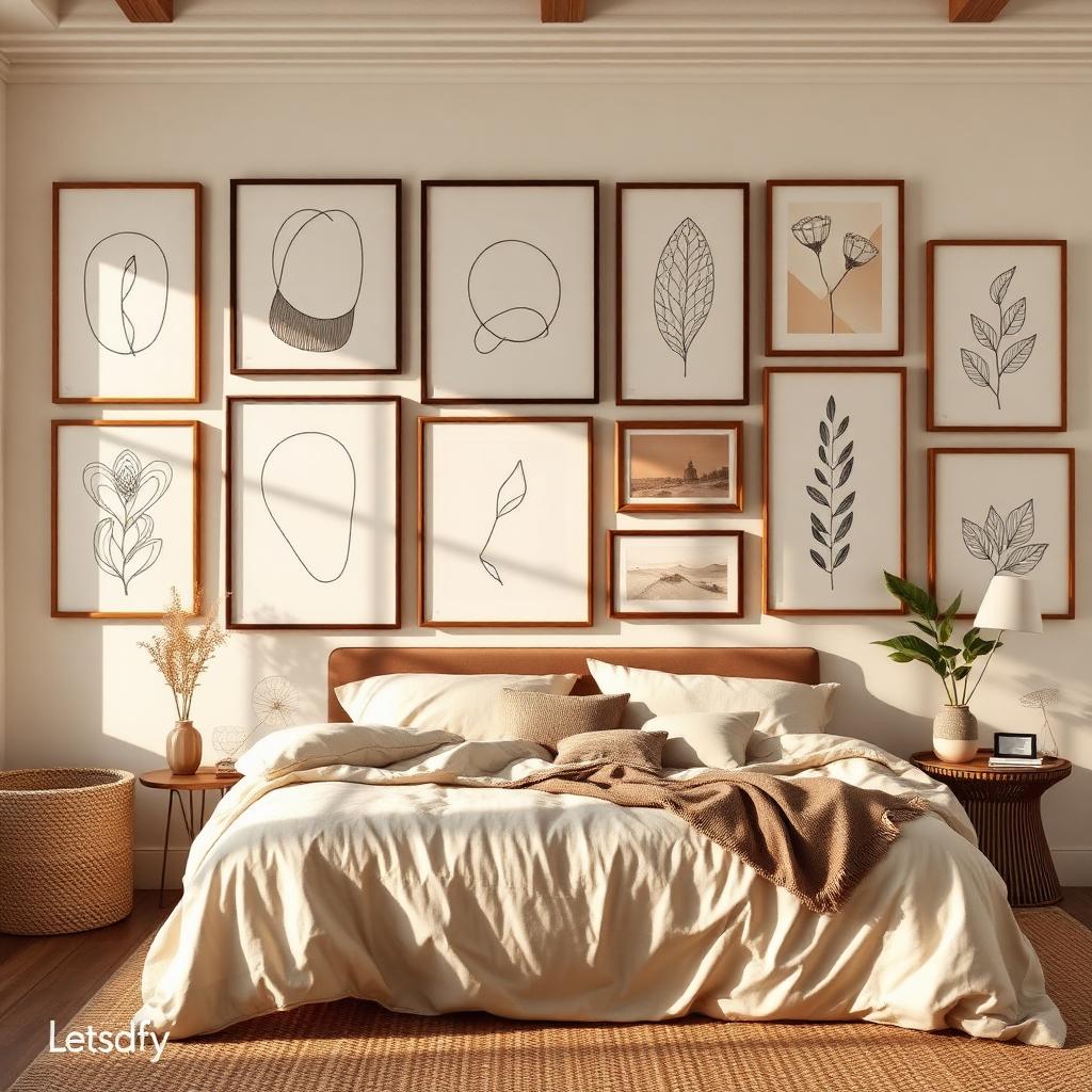 Minimal boho line-art gallery wall above a linen bed