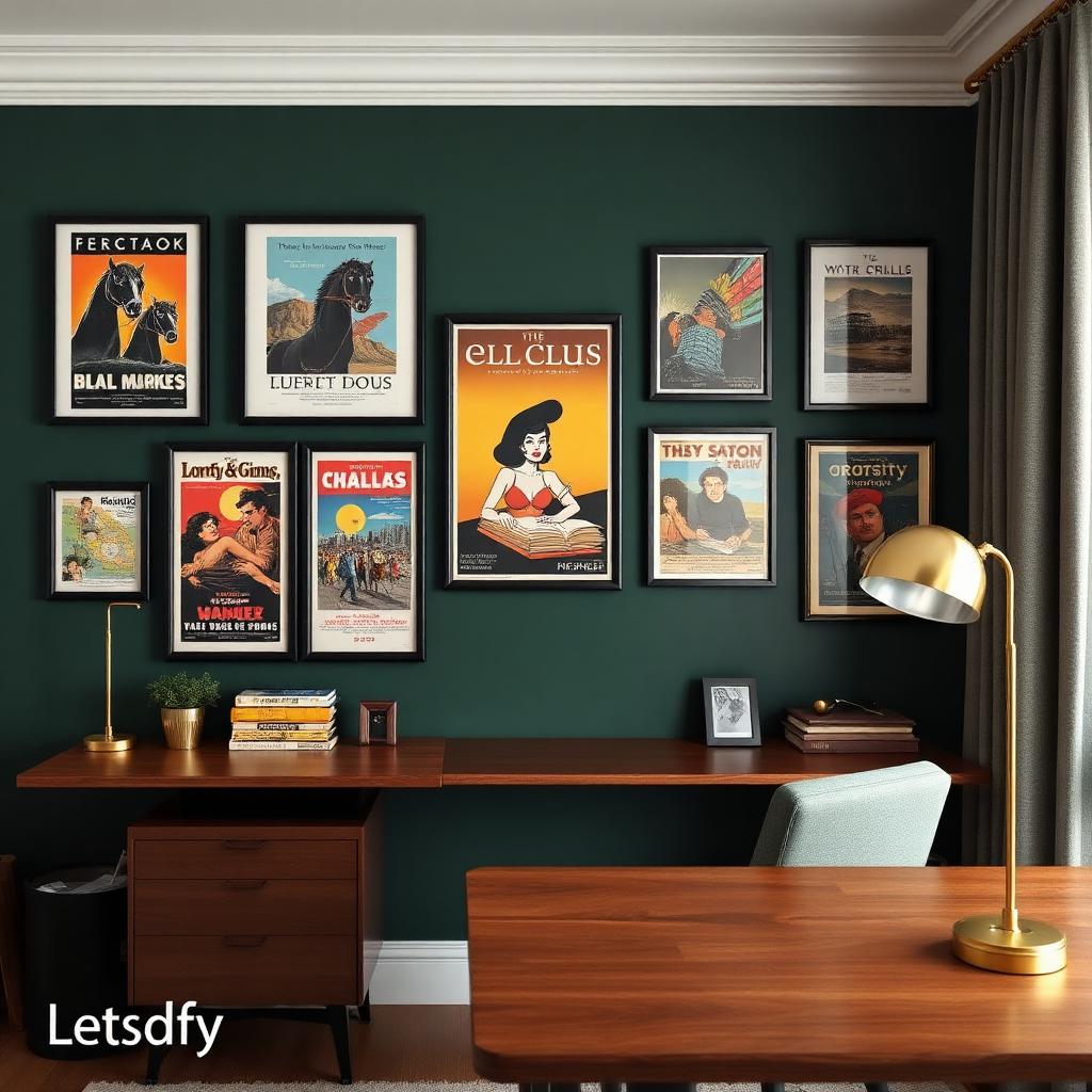 Vintage movie poster wall in a home office