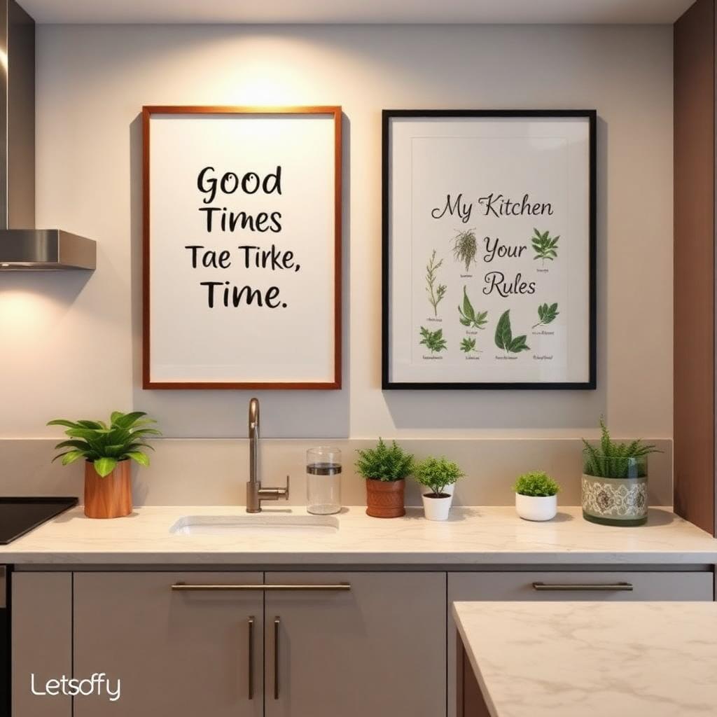 Kitchen quote and botanical prints on a marble backsplash